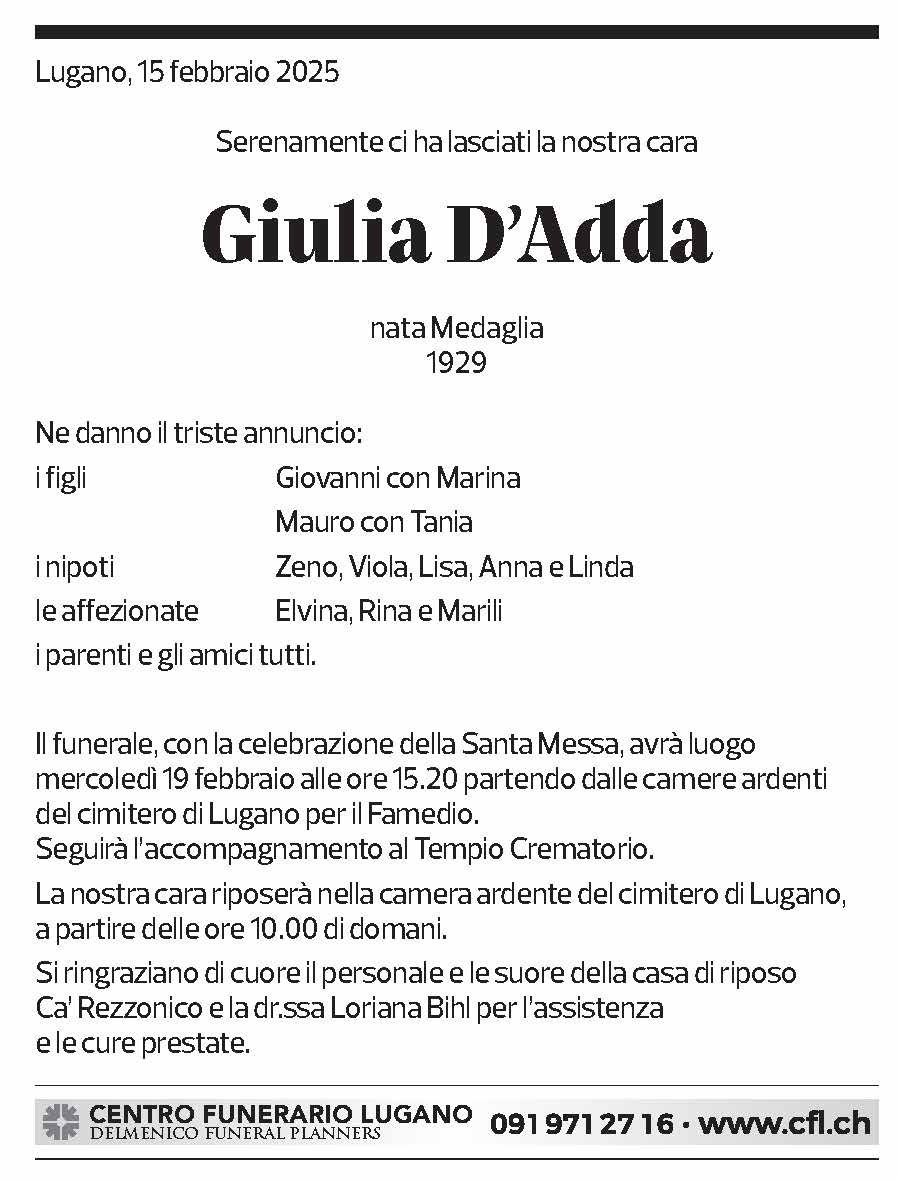 Annuncio funebre Giulia D'adda