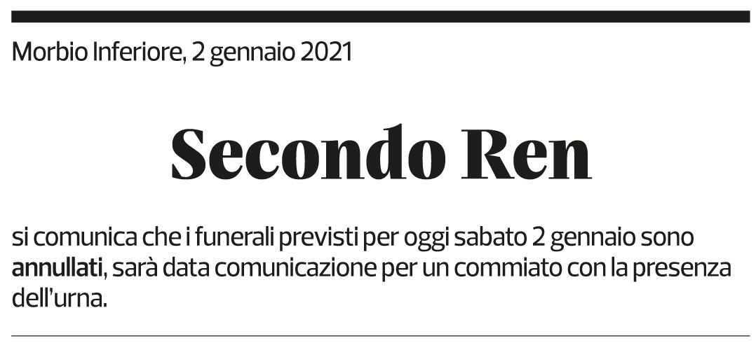 Annuncio funebre Secondo Ren
