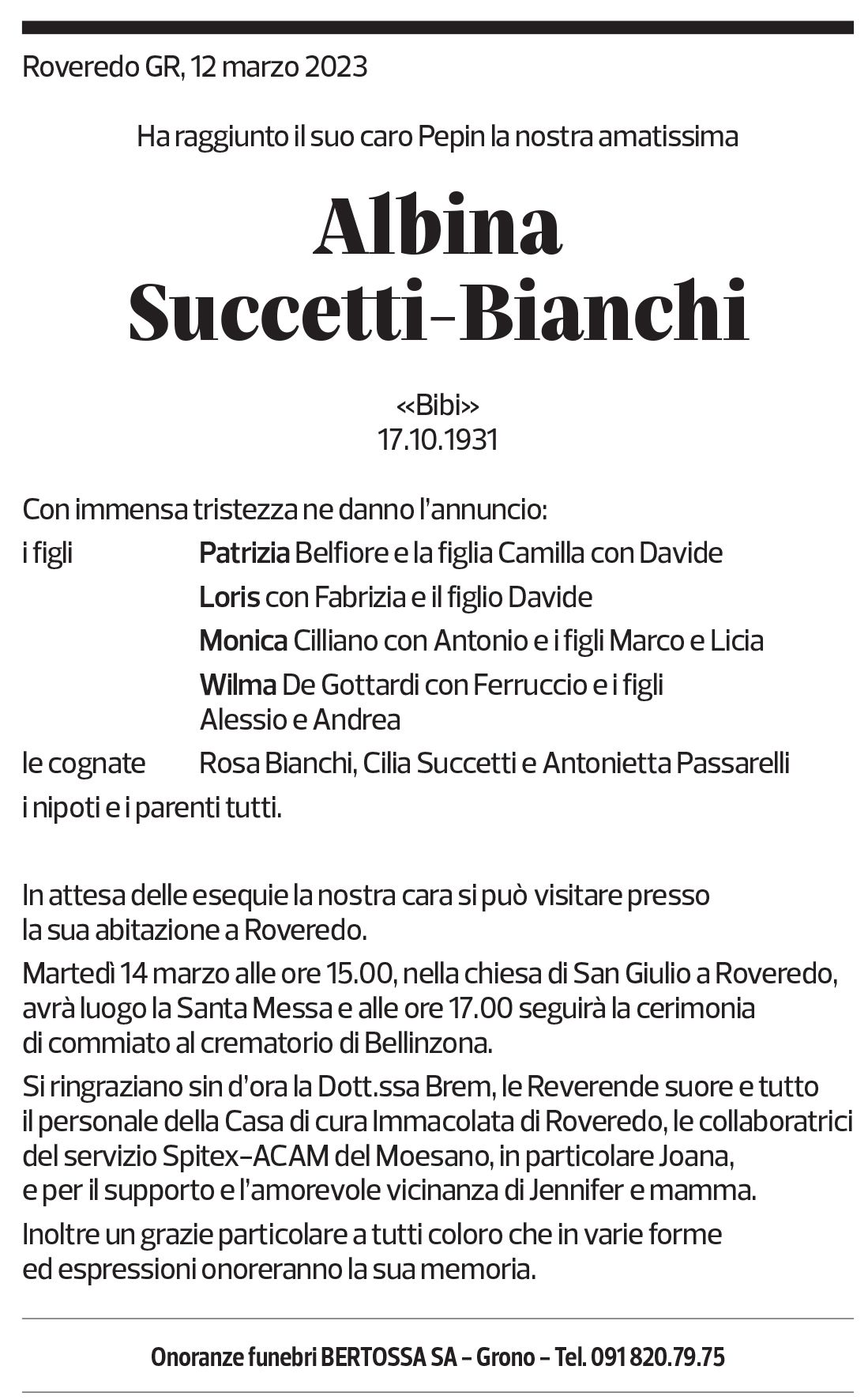 Annuncio funebre Albina Succetti-bianchi