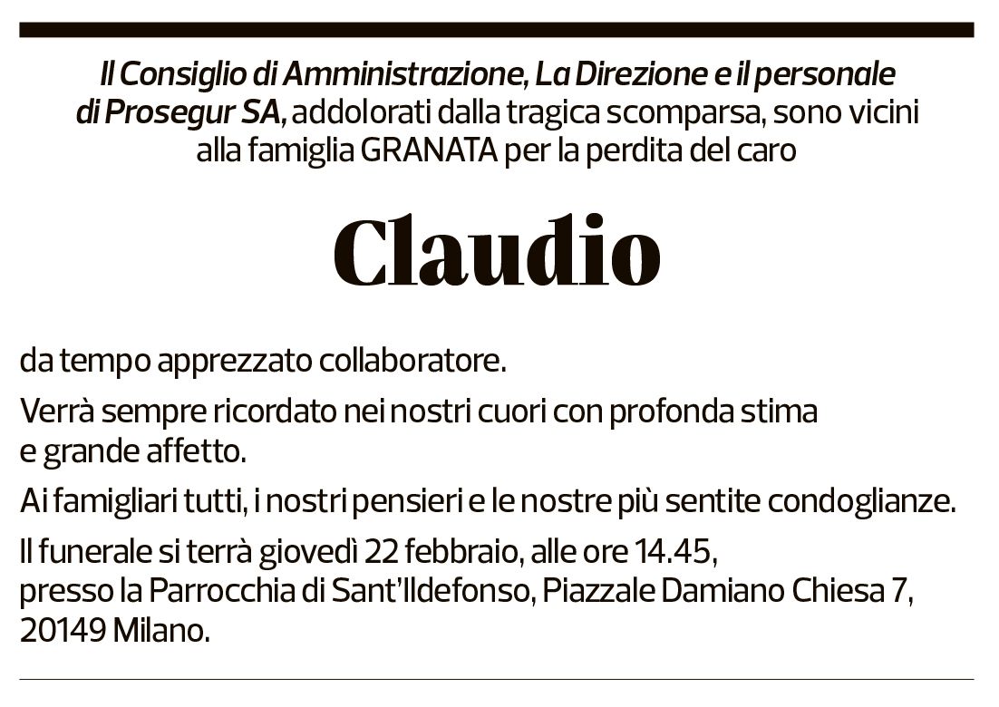 Annuncio funebre Claudio Granata