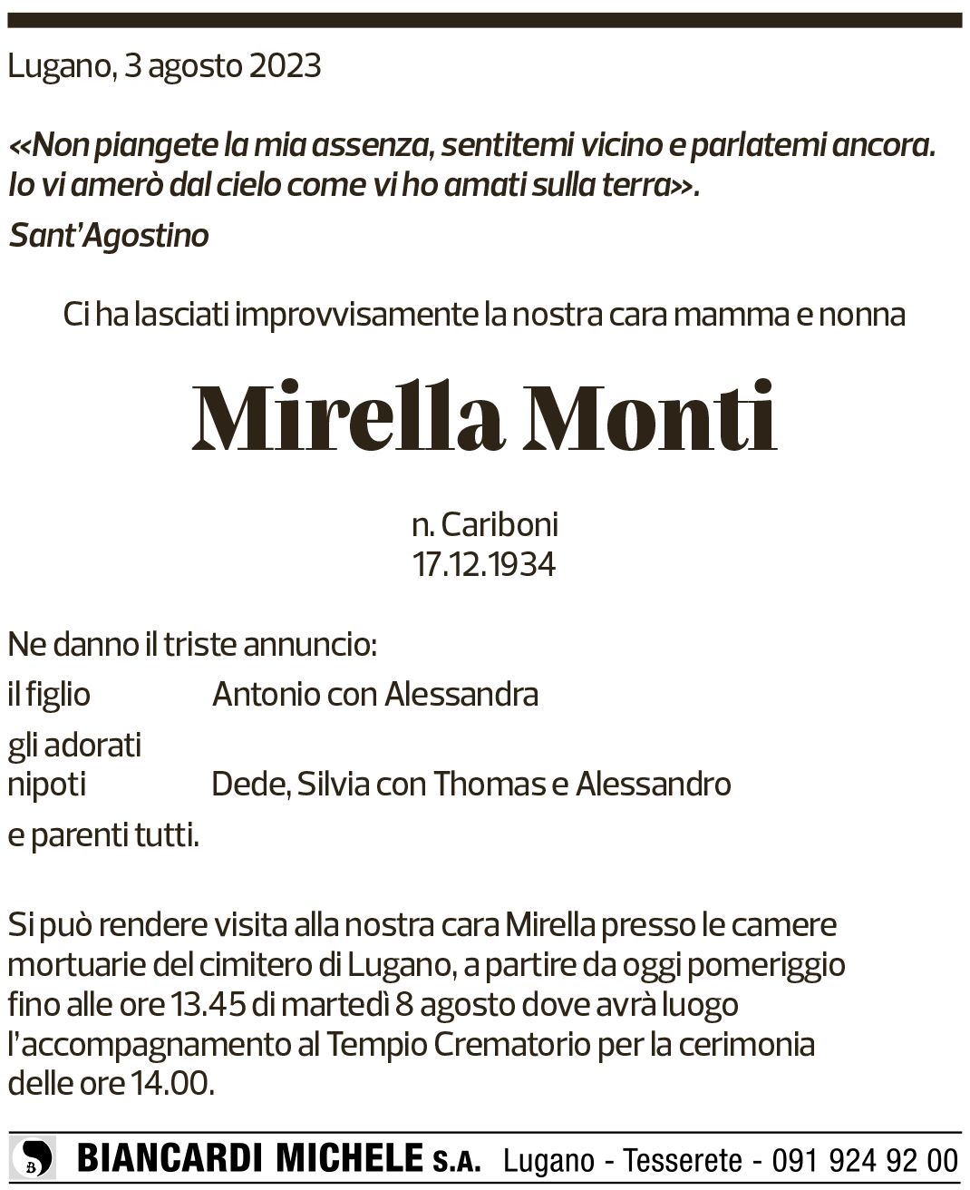 Annuncio funebre Mirella Monti