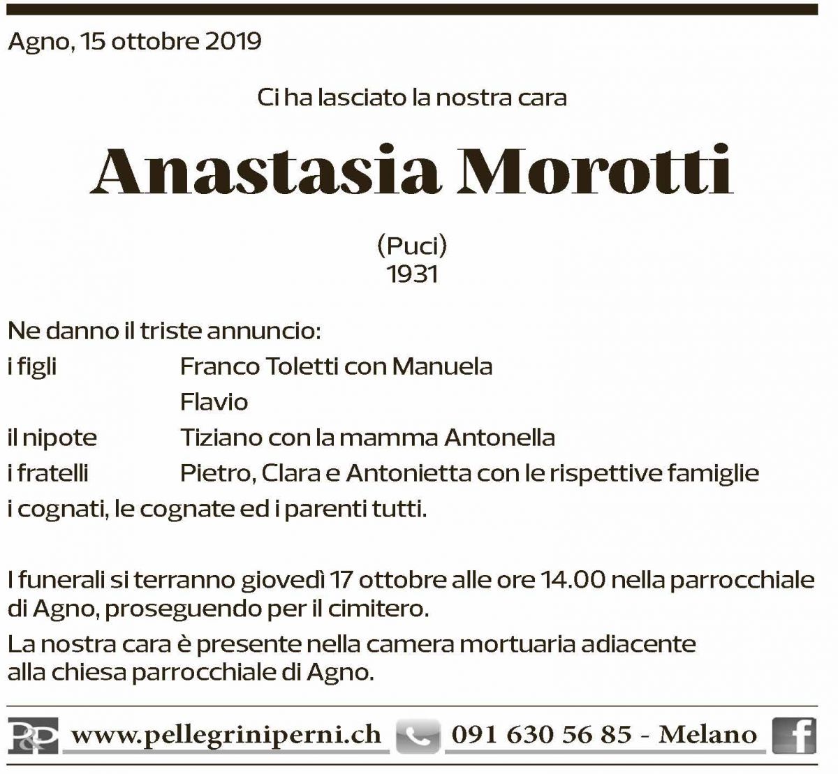 Annuncio funebre Anastasia Morotti