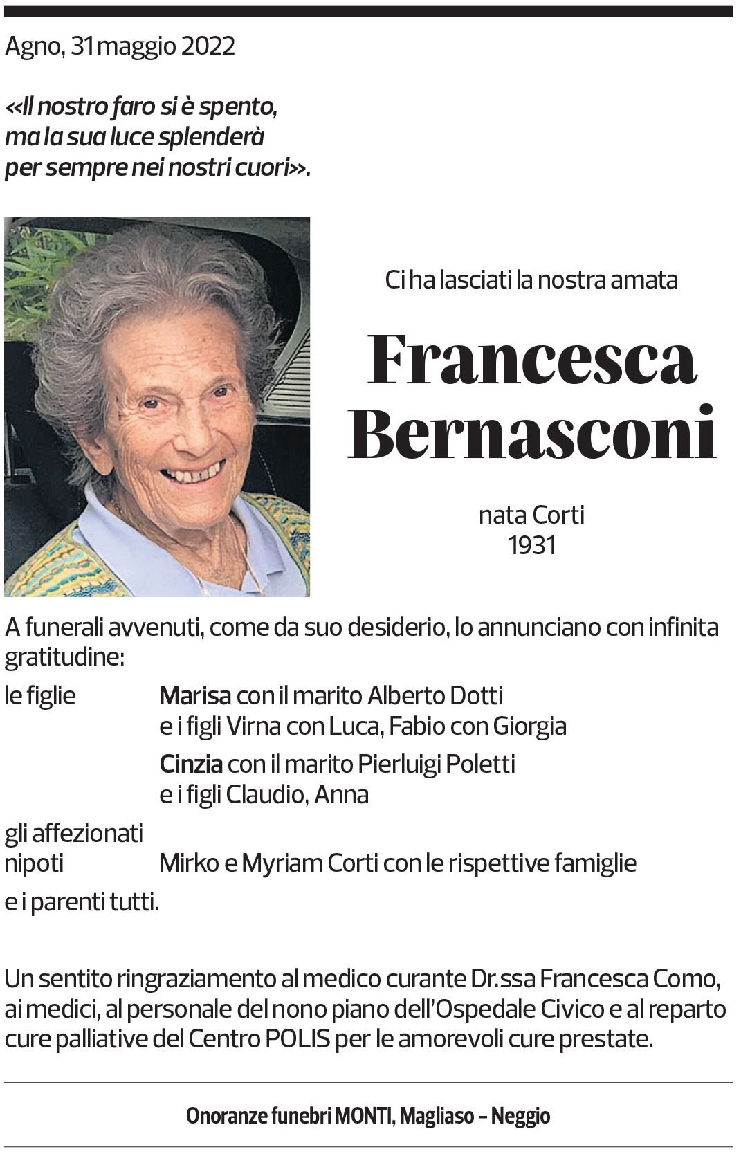 Annuncio funebre Francesca Bernasconi