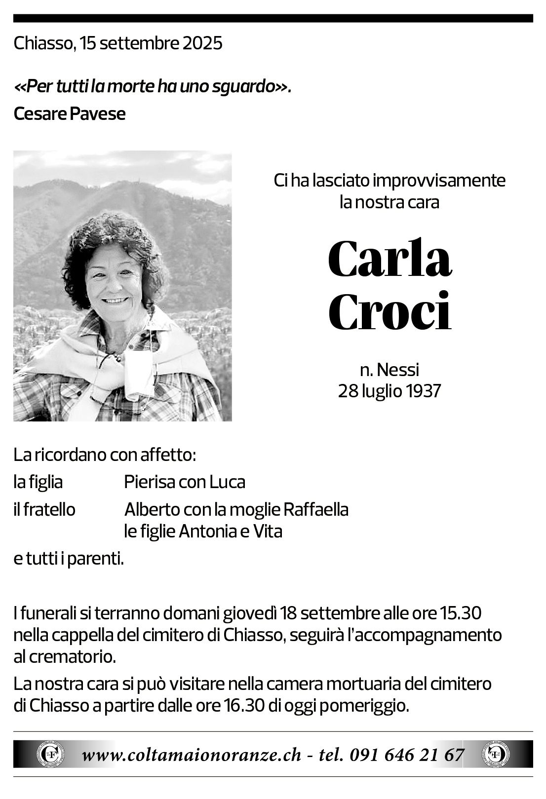 Annuncio funebre Carla Croci