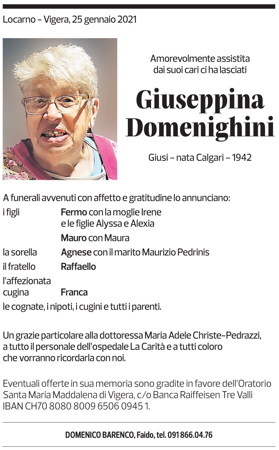 Annuncio funebre Giuseppina Domenighini