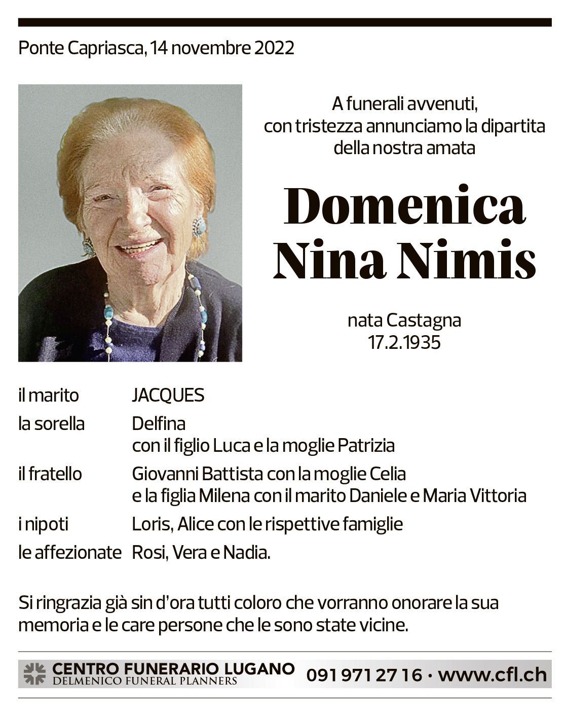 Annuncio funebre Domenica Nina Nimis