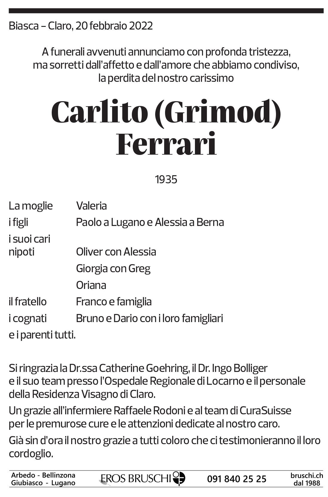 Annuncio funebre Carlito (grimod) Ferrari