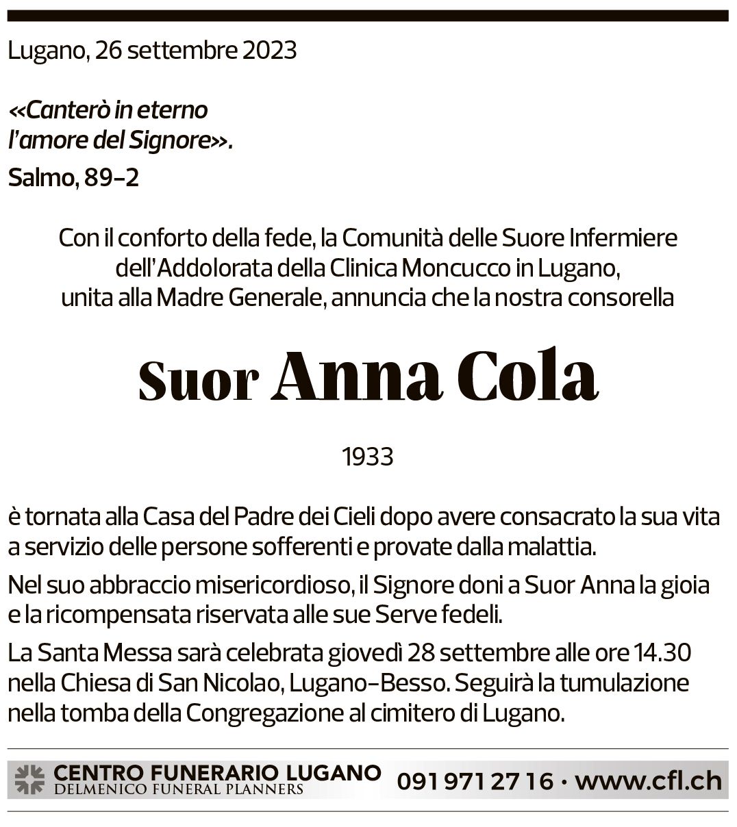 Annuncio funebre Suor Anna Cola