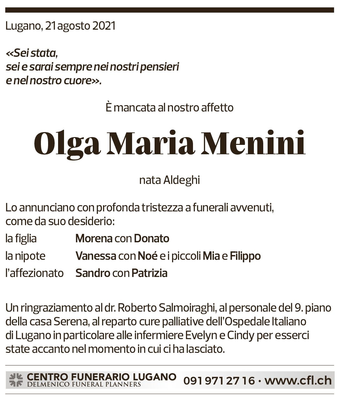 Annuncio funebre Olga Maria Menini