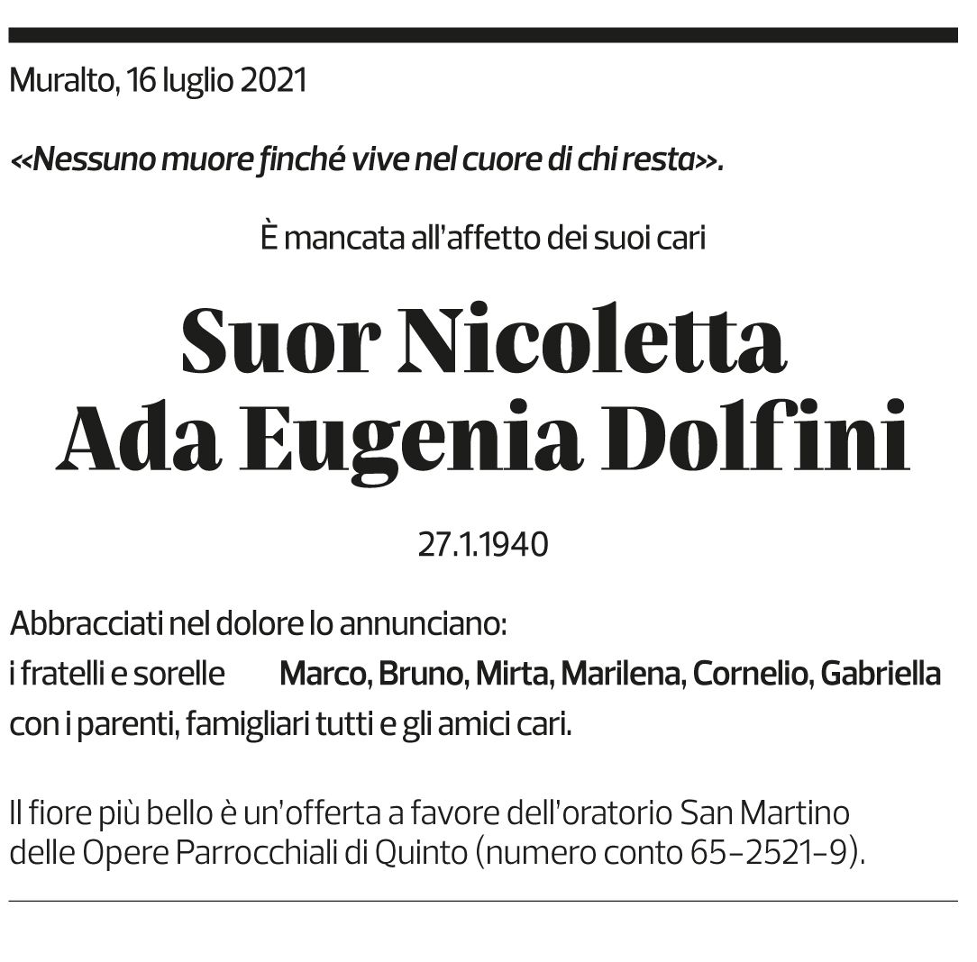 Annuncio funebre Suor Nicoletta Ada Eugenia Dolfini