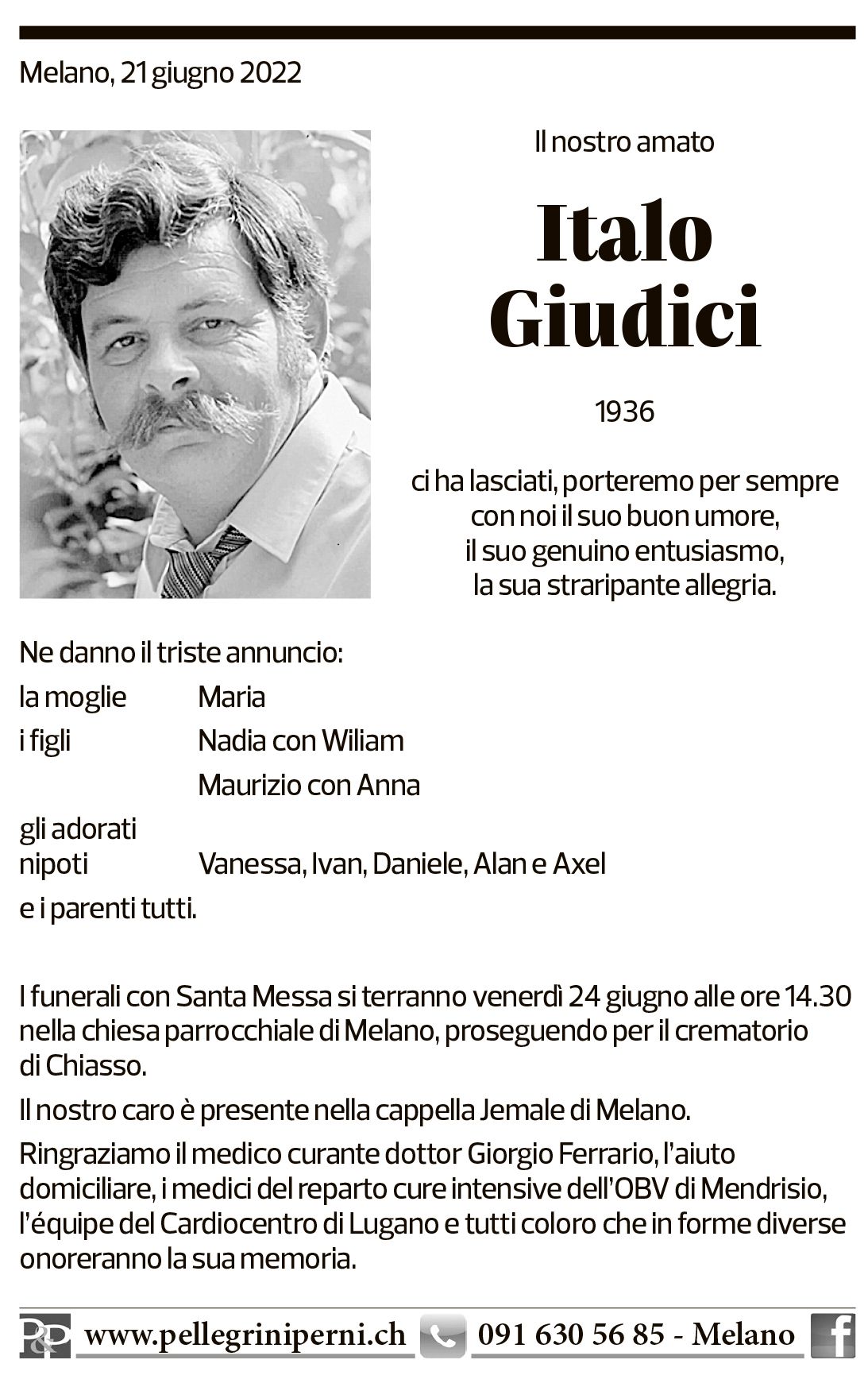 Annuncio funebre Italo Giudici