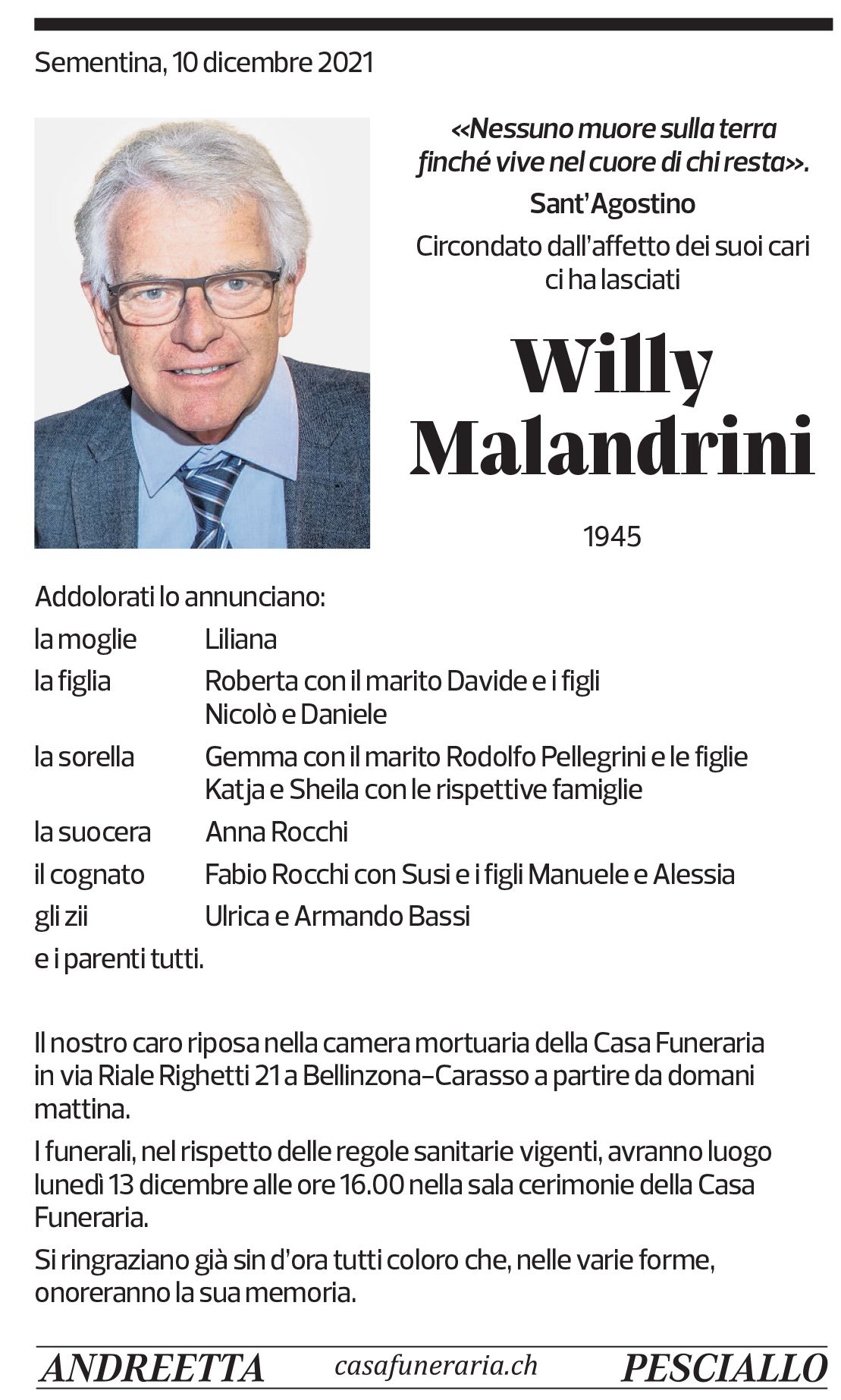 Annuncio funebre Willy Malandrini