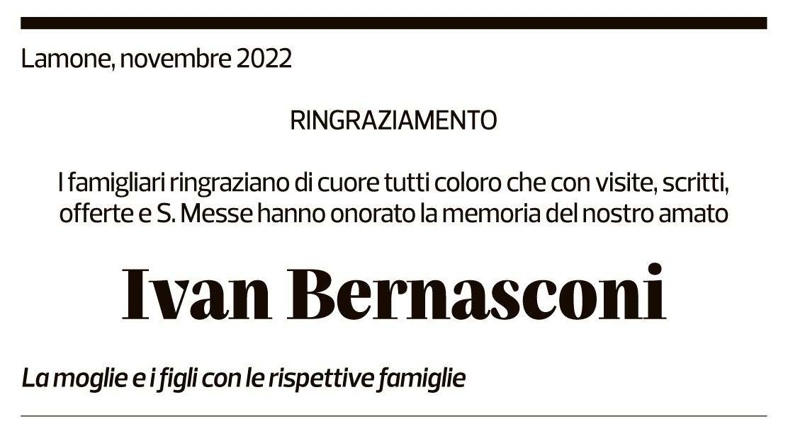 Annuncio funebre Ivan Bernasconi