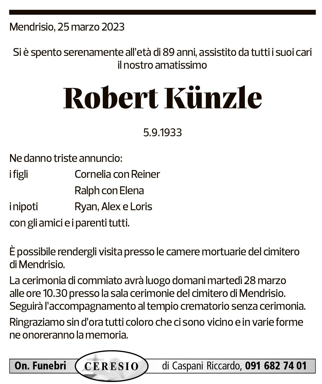 Annuncio funebre Robert Künzle