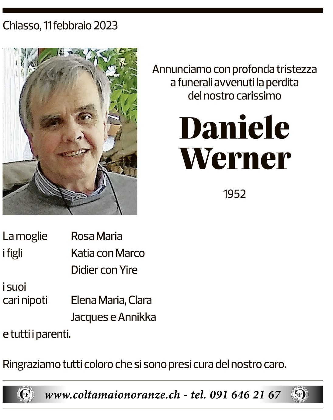 Annuncio funebre Daniele Werner