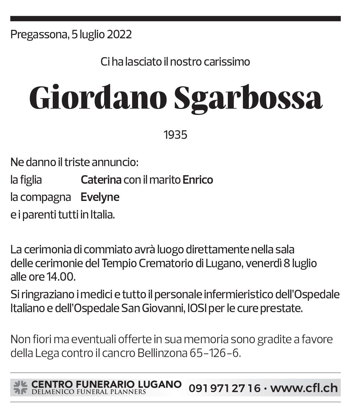 Annuncio funebre Giordano Sgarbossa