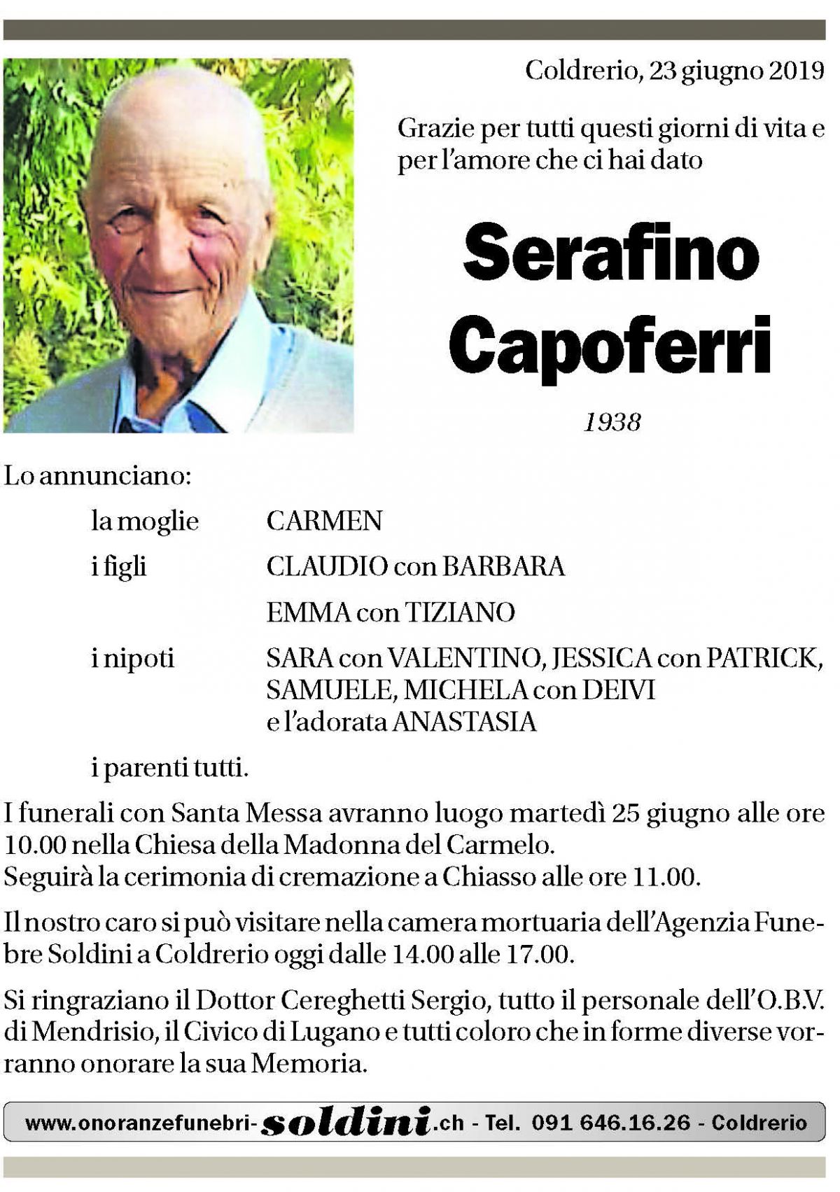 Annuncio funebre Serafino Capoferri