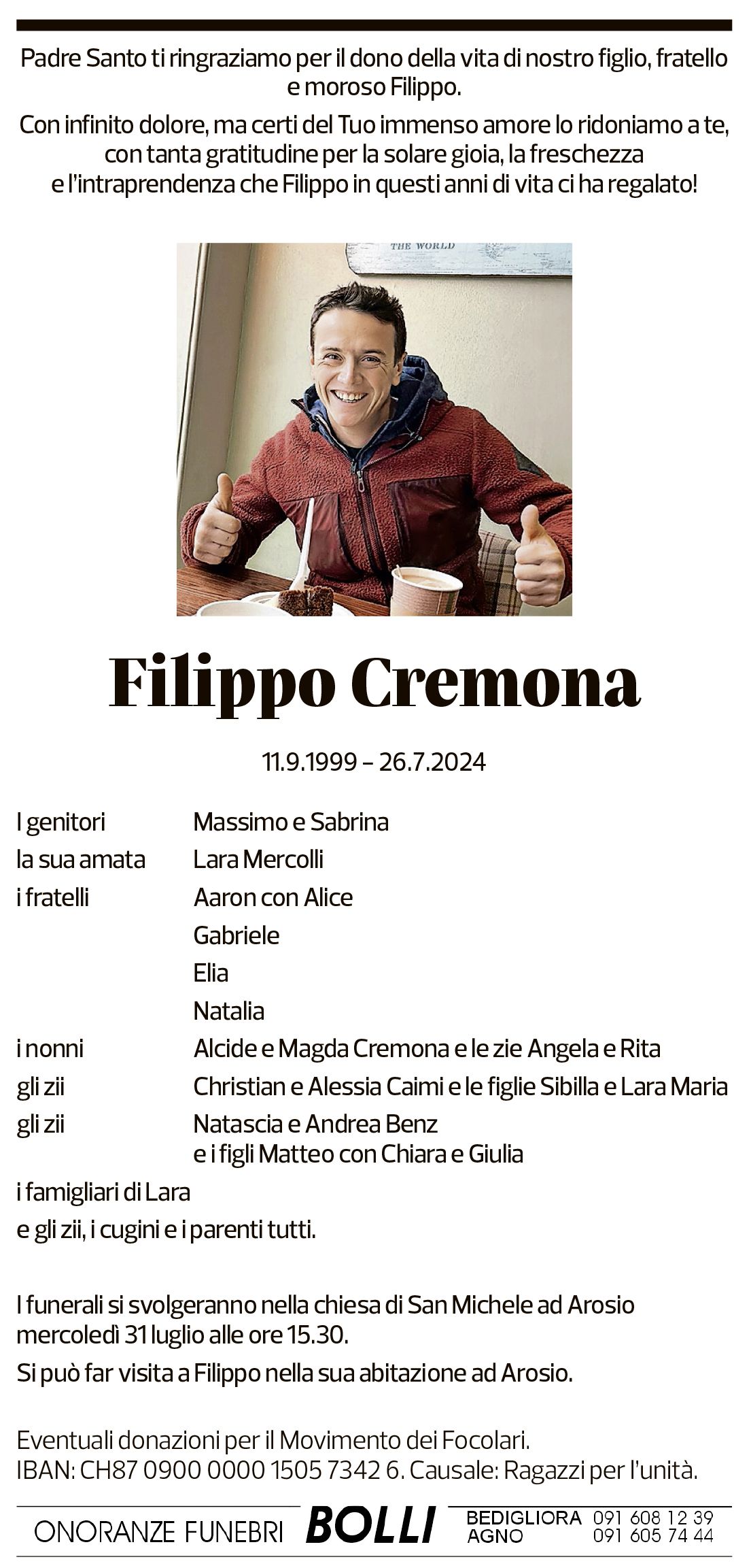 Annuncio funebre Filippo Cremona