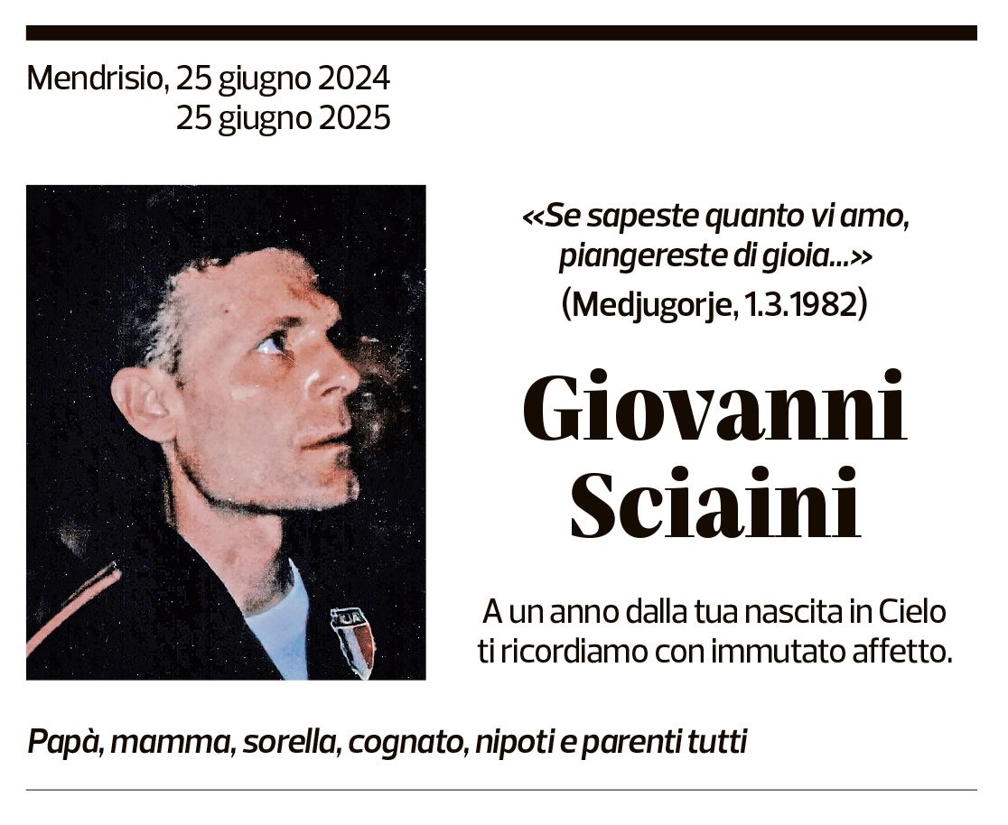 Annuncio funebre Giovanni Sciaini