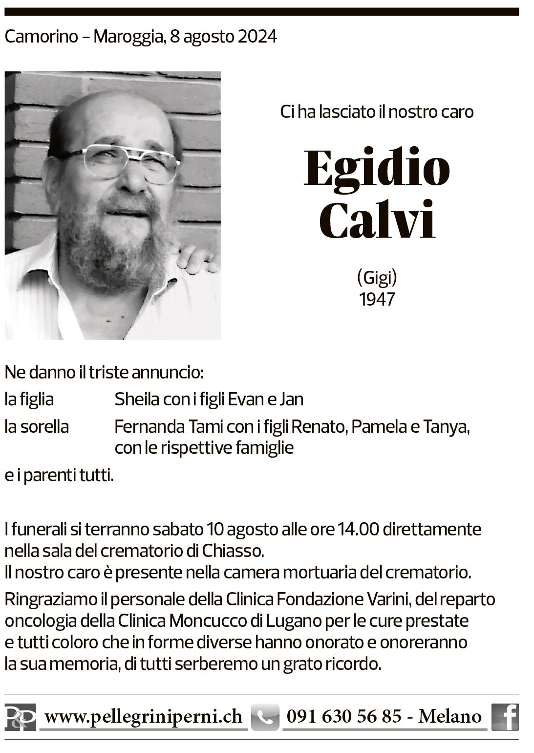 Annuncio funebre Egidio Calvi