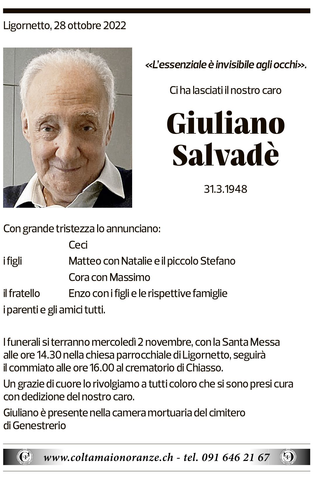 Annuncio funebre Giuliano Salvadè