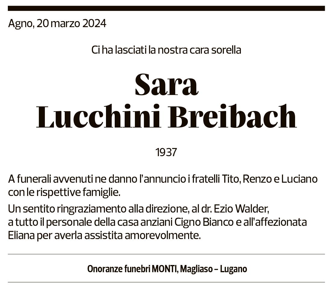 Annuncio funebre Sara Lucchini Breibach