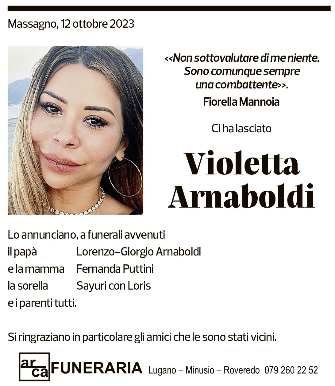 Annuncio funebre Violetta Arnaboldi