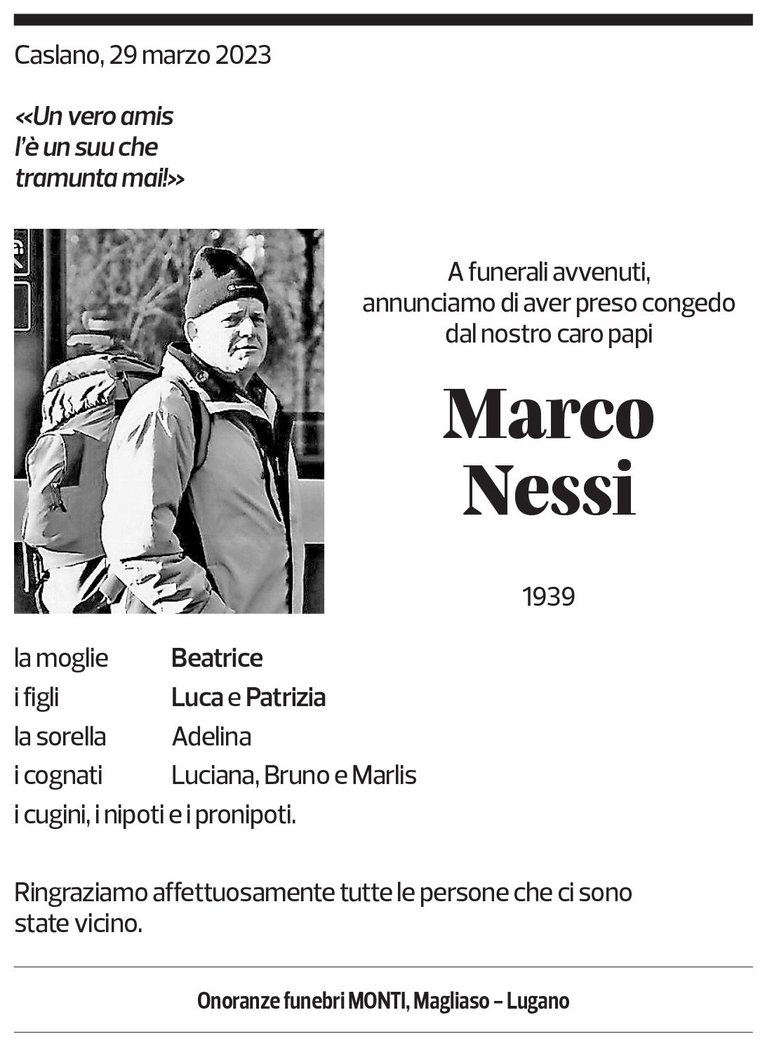 Annuncio funebre Marco Nessi