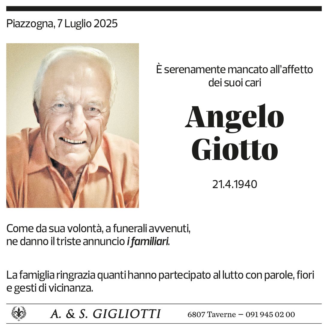 Annuncio funebre Angelo Giotto