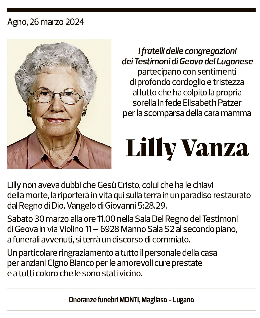 Annuncio funebre Lilly Vanza