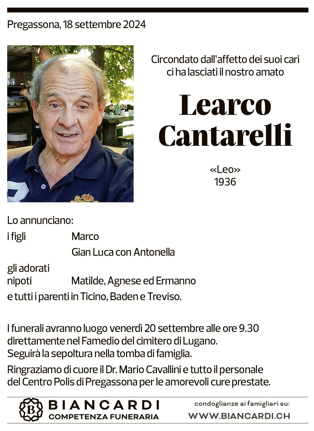 Annuncio funebre Learco Cantarelli