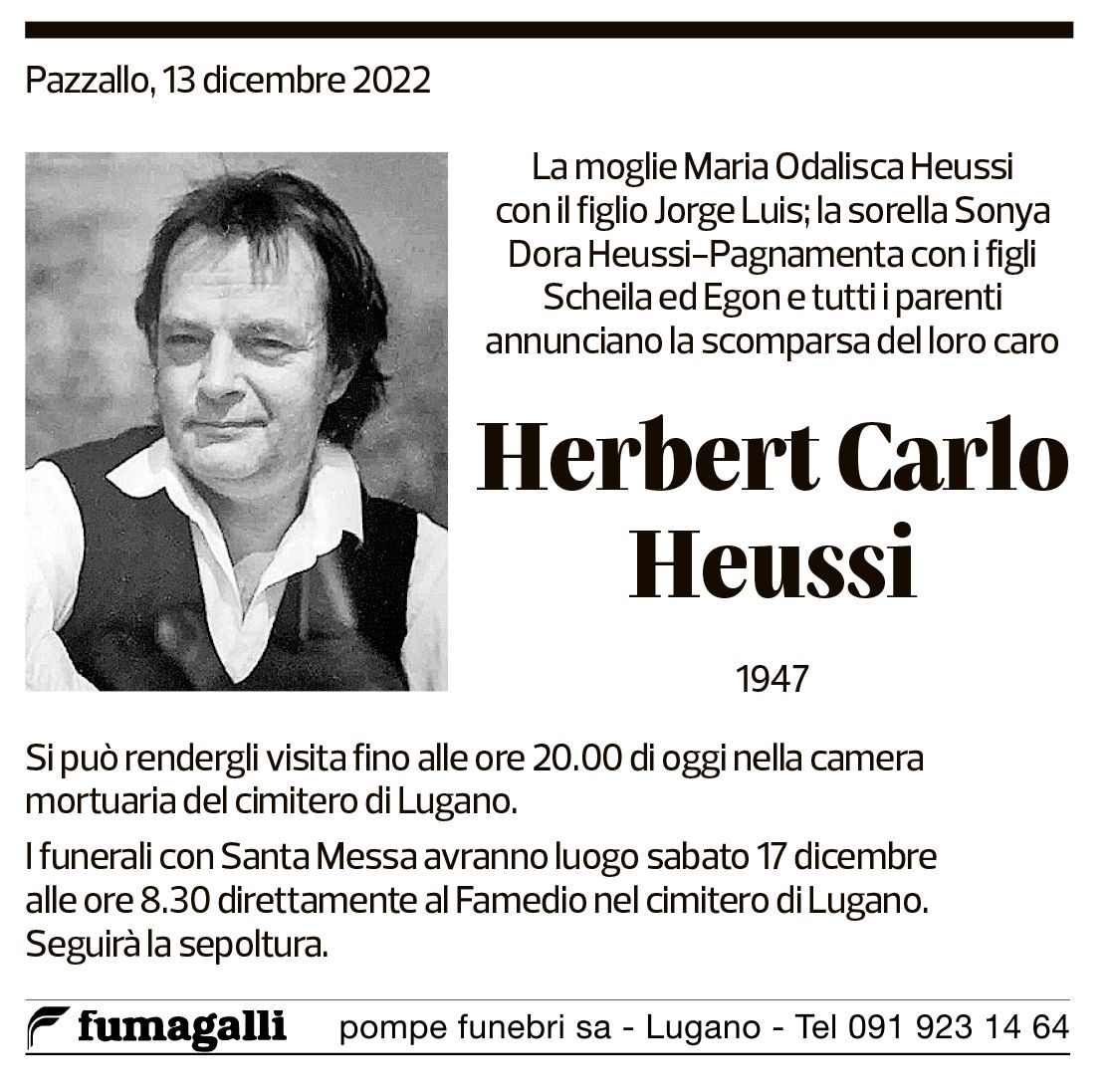 Annuncio funebre Herbert Carlo Heussi