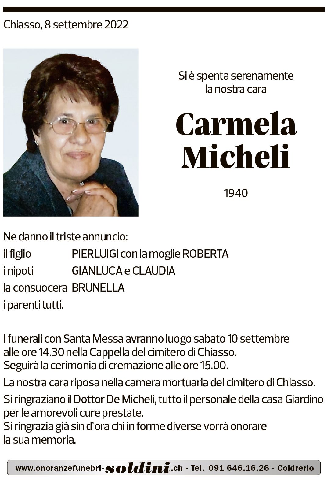 Annuncio funebre Carmela Micheli