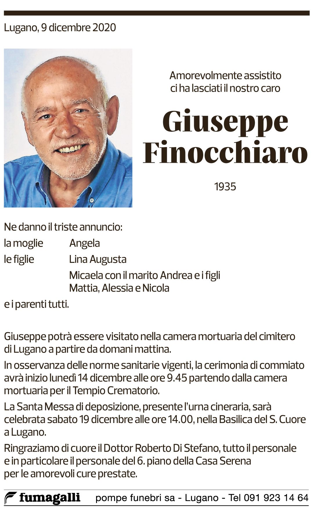 Annuncio funebre Giuseppe Finocchiaro