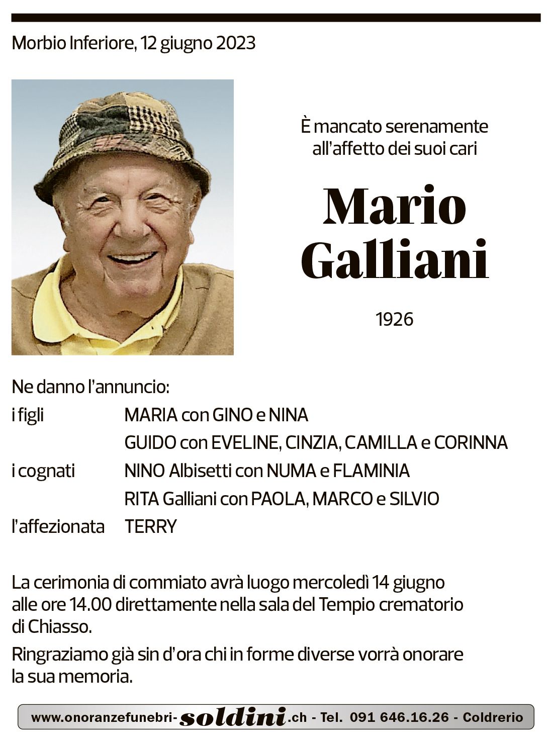 Annuncio funebre Mario Galliani