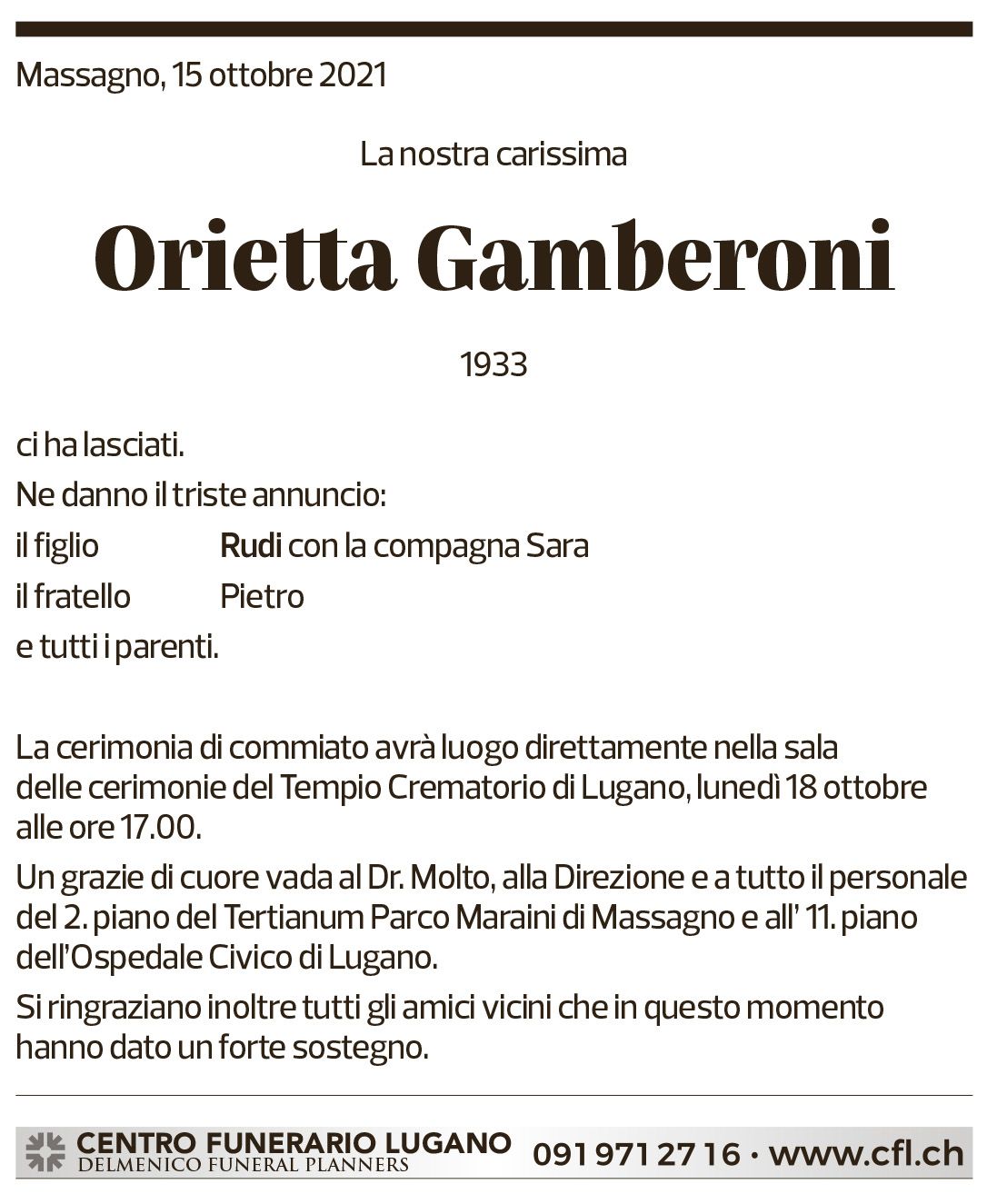 Annuncio funebre Orietta Gamberoni