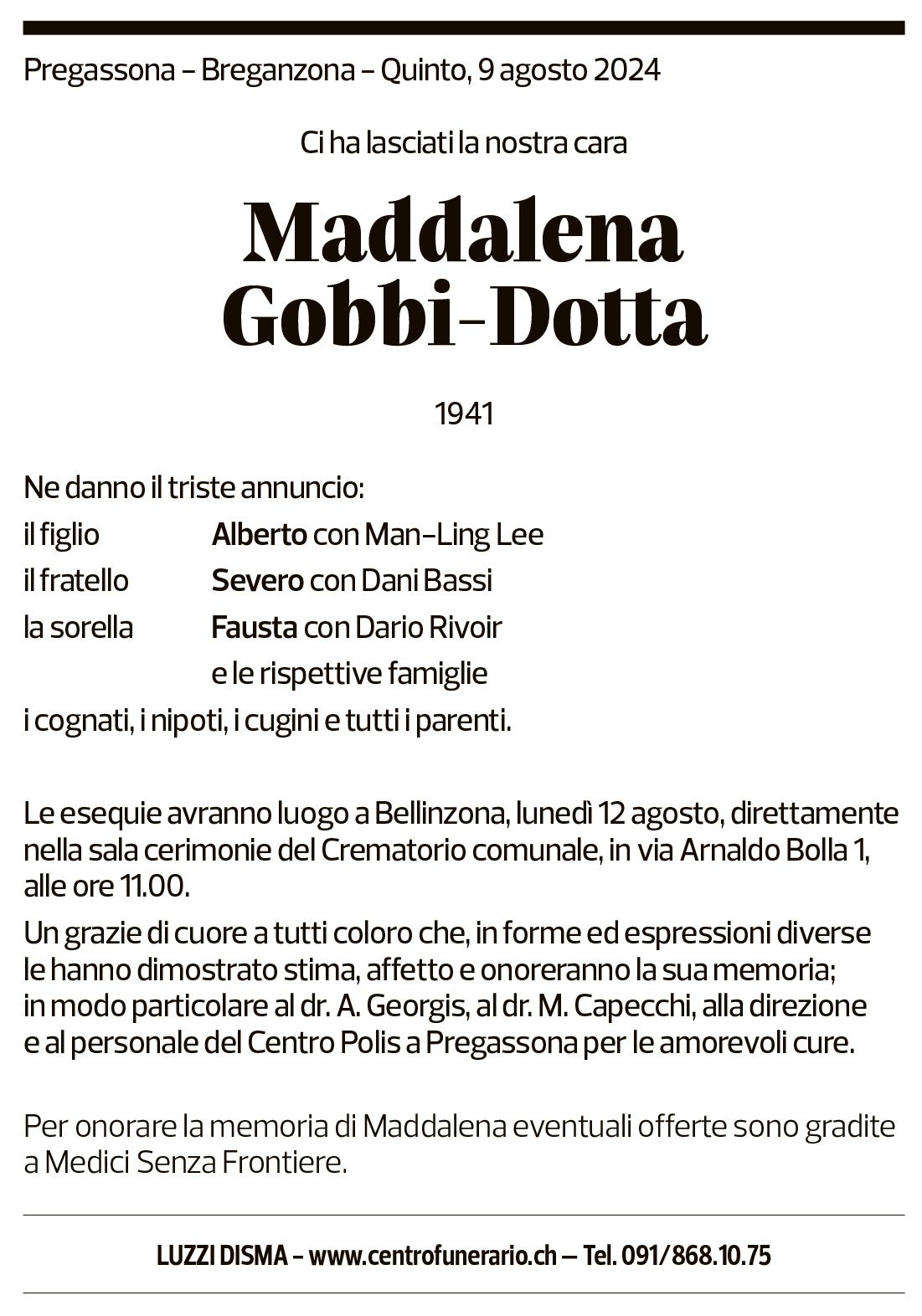 Annuncio funebre Maddalena Gobbi-dotta