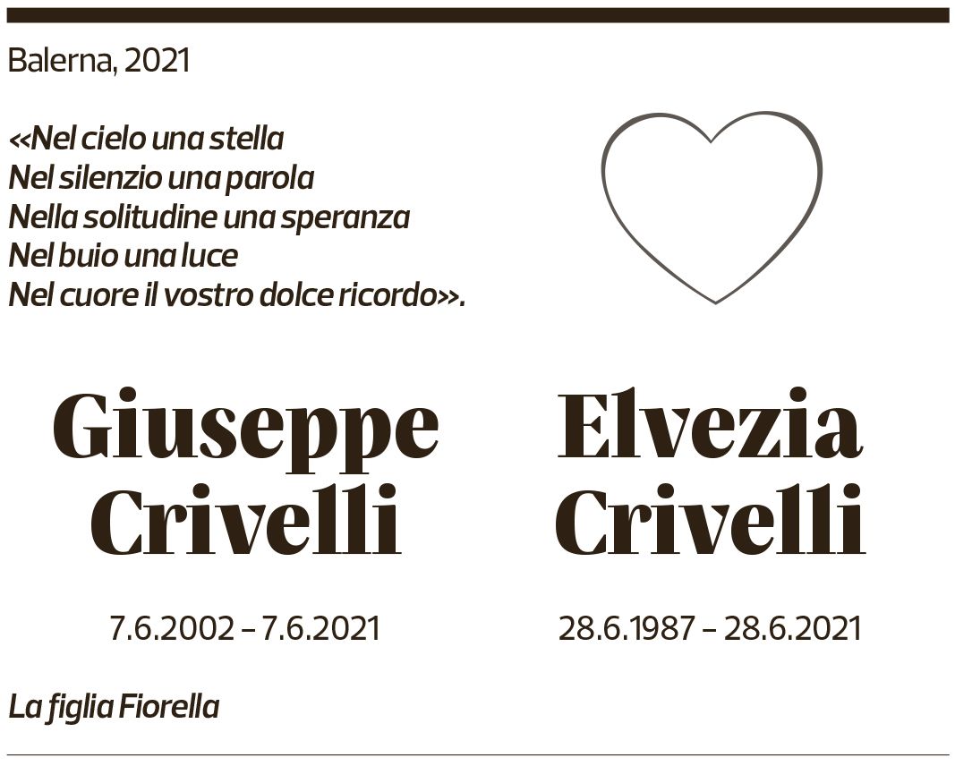 Annuncio funebre Giuseppe Crivelli Elvezia Crivelli