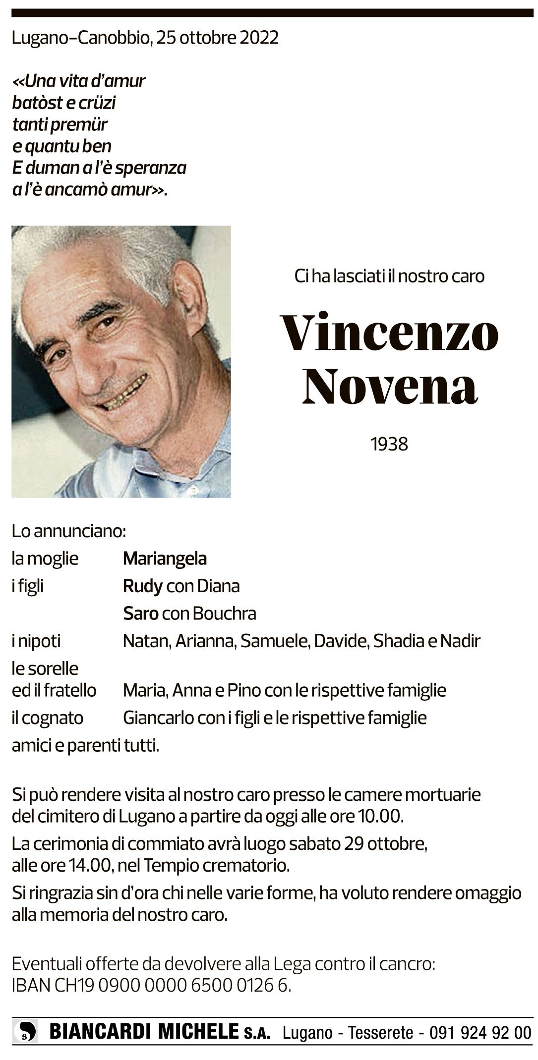 Annuncio funebre Vincenzo Novena