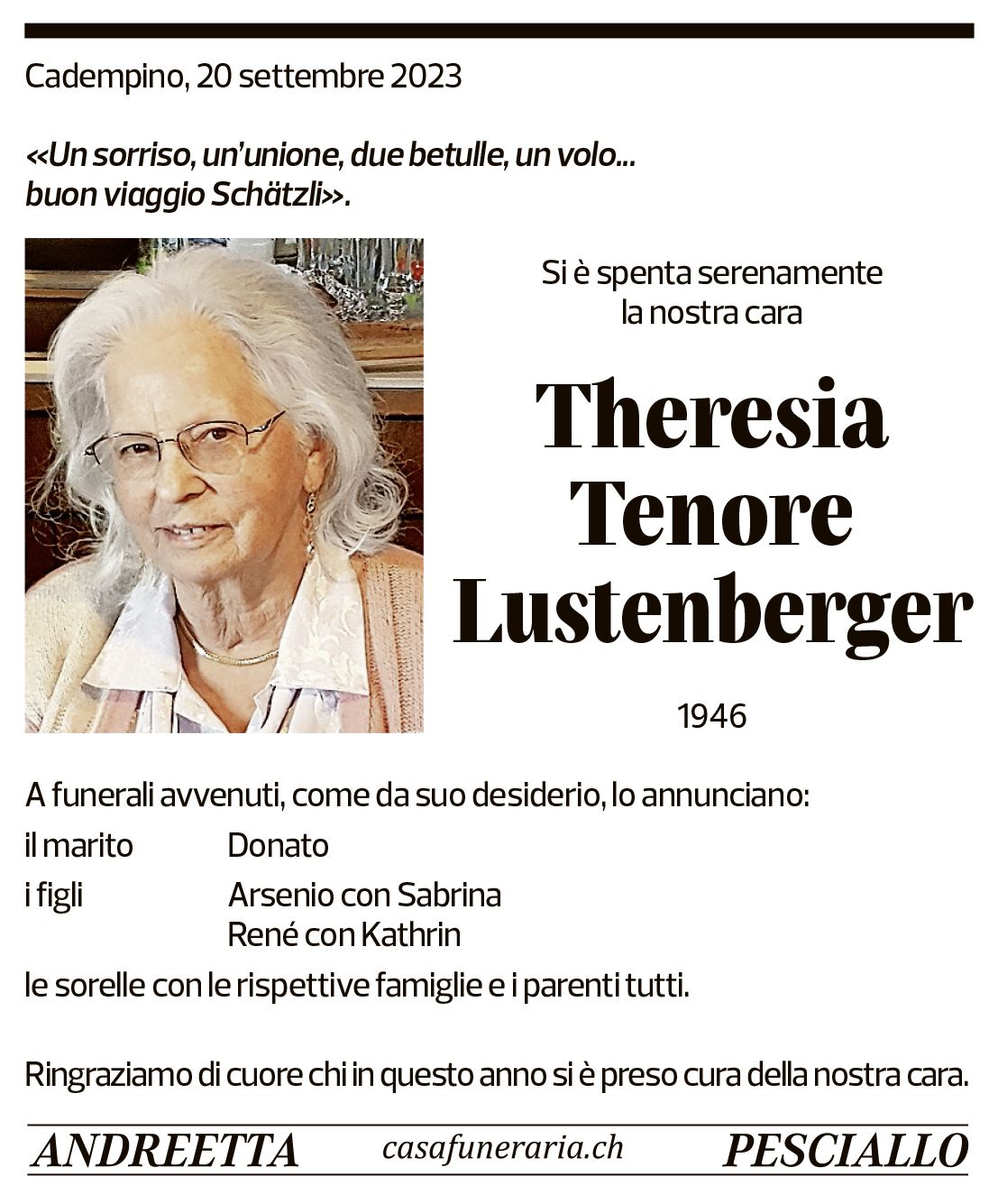 Annuncio funebre Theresa Tenore Lustenberger