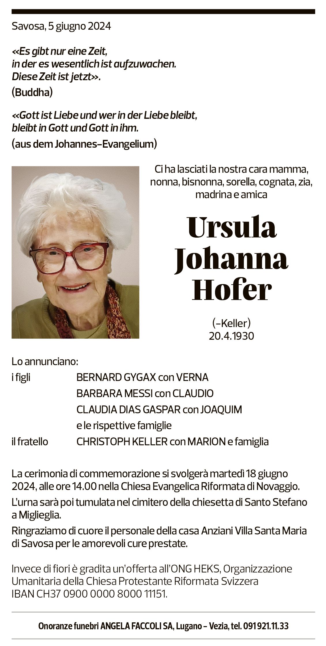 Annuncio funebre Ursula Johanna Hofer