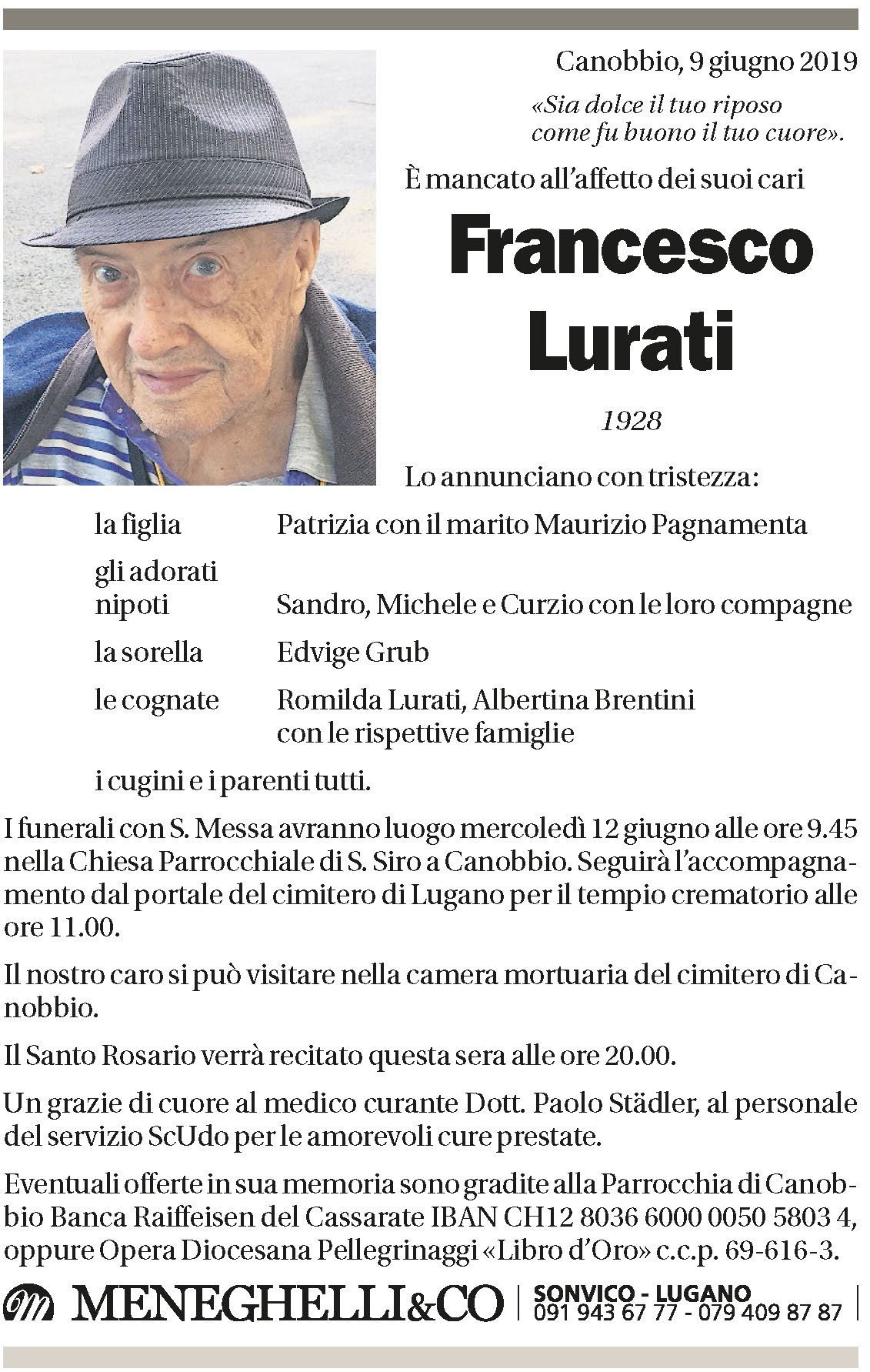 Annuncio funebre Francesco Lurati