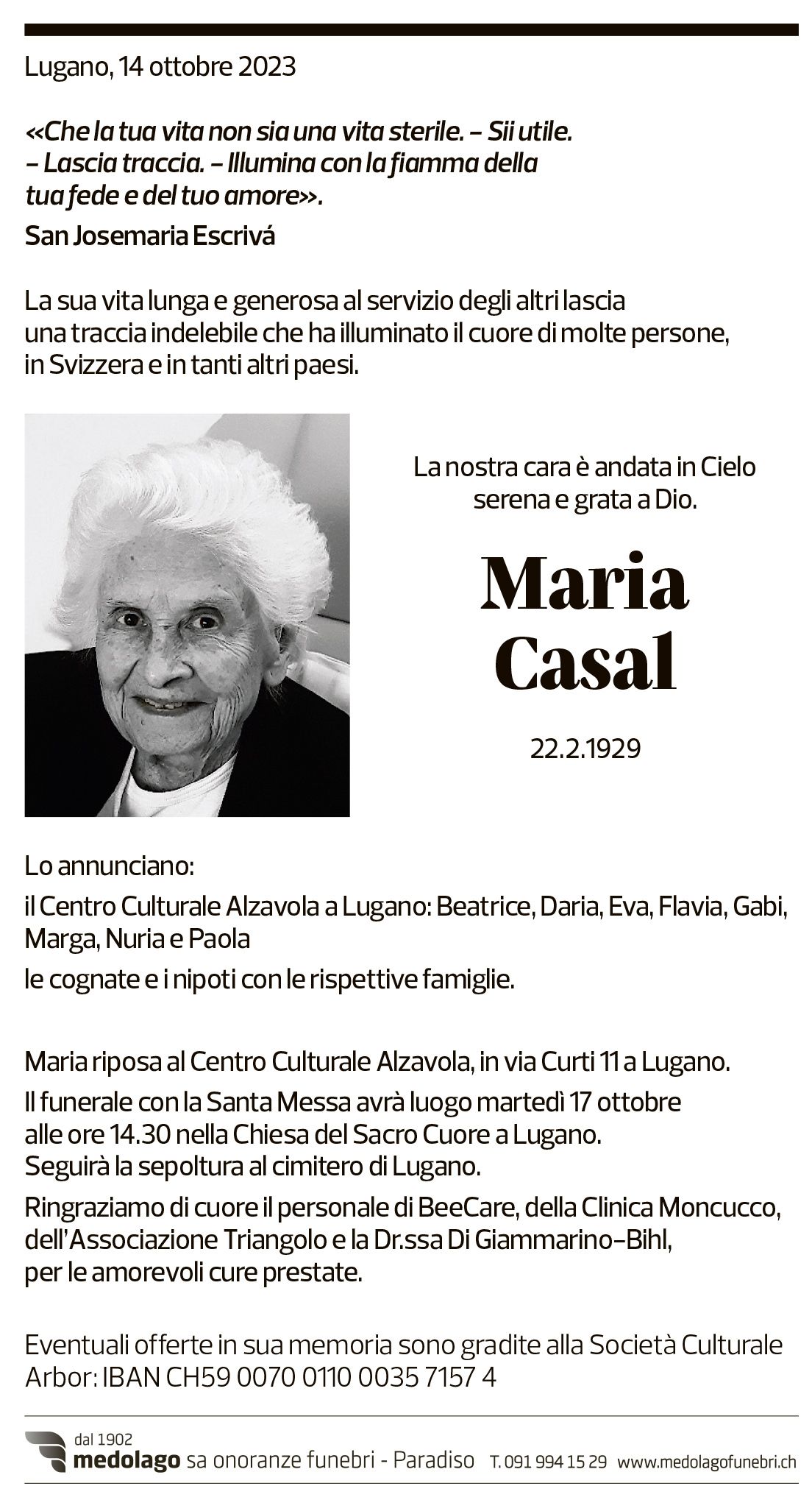 Annuncio funebre Maria Casal