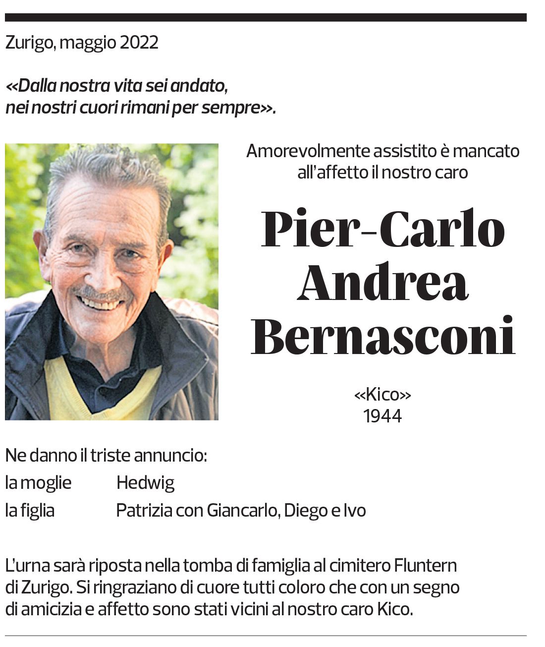 Annuncio funebre Pier-carlo Andrea Bernasconi