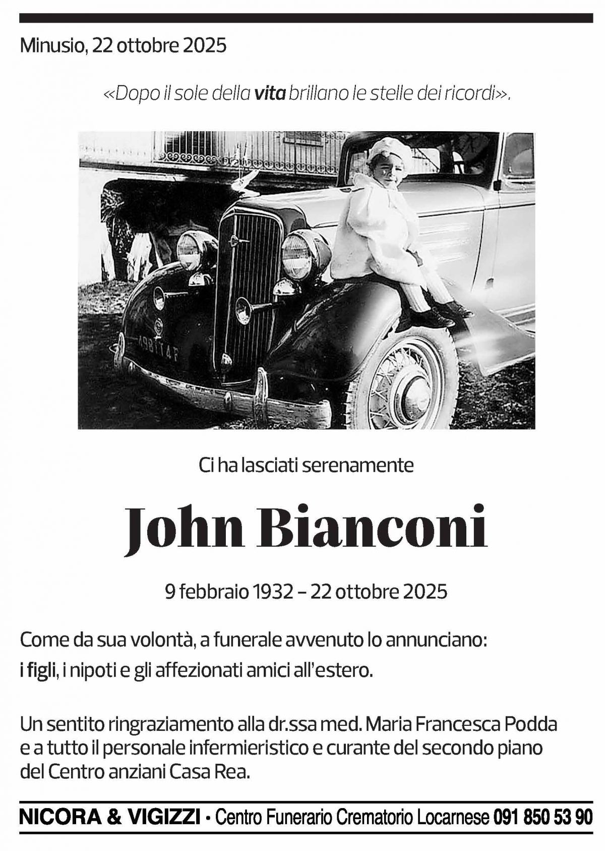 Annuncio funebre John Bianconi