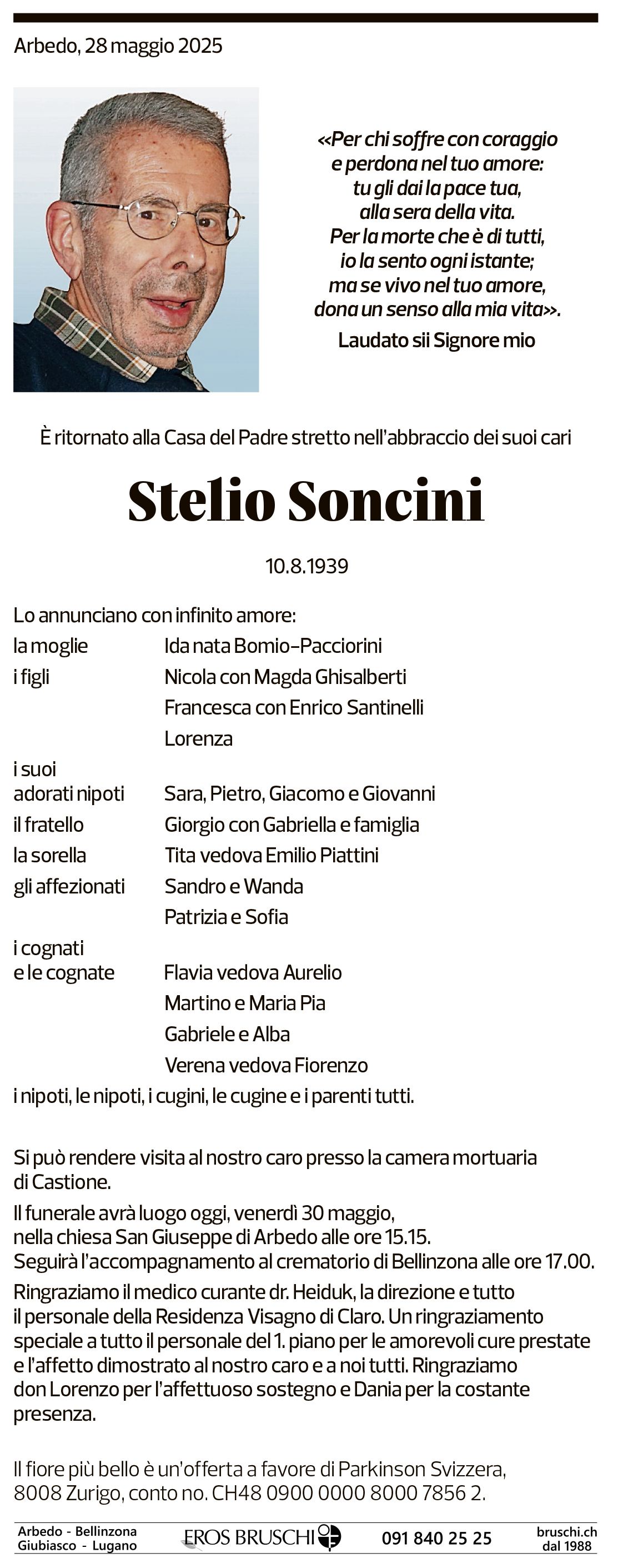 Annuncio funebre Stelio Soncini