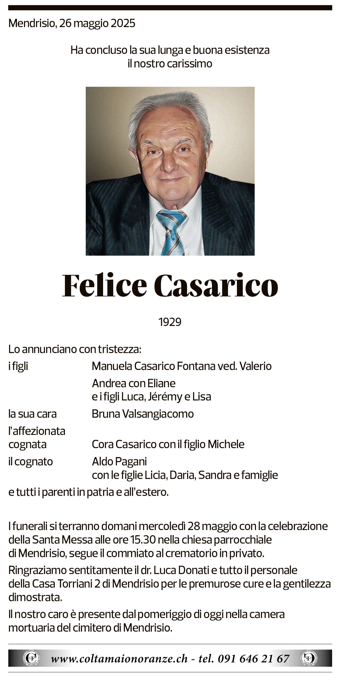 Annuncio funebre Felice Casarico