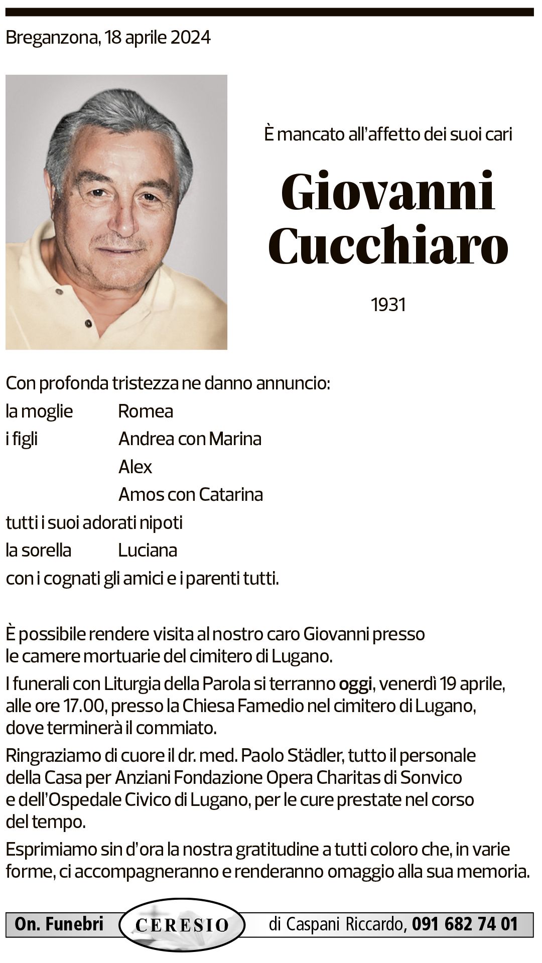 Annuncio funebre Giovanni Cucchiaro