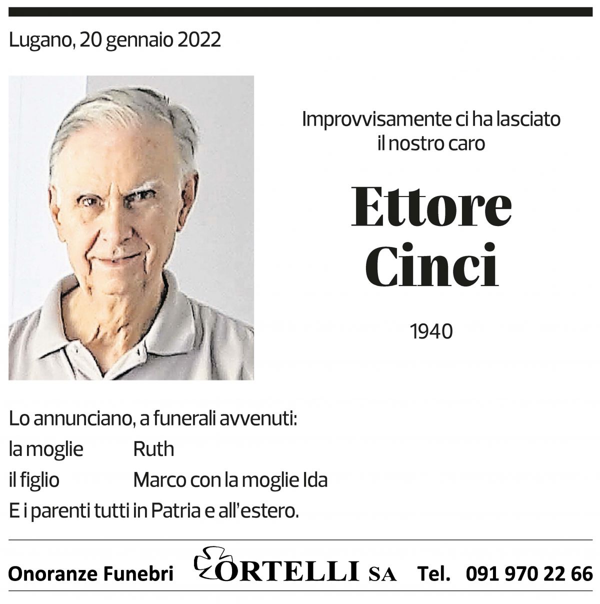 Annuncio funebre Ettore Cinic