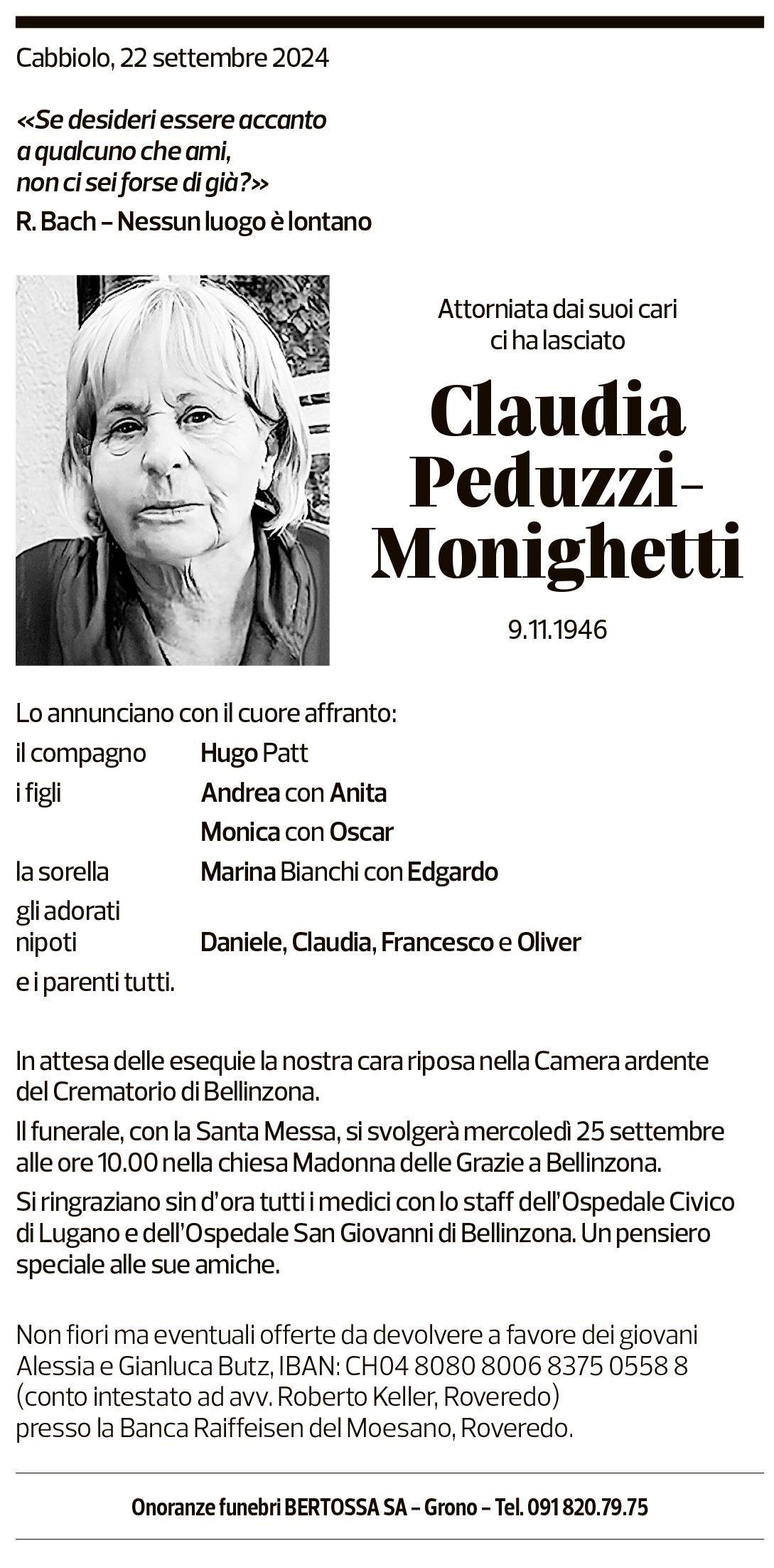 Annuncio funebre Claudia Peduzzi-monighetti